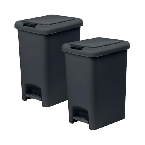 Superio Slim Step & Push Mülleimer mit Doppelöffnung, kompaktes Design (27 x 19,5 x 34,4 cm), Schwarz, 2 Stück von Superio