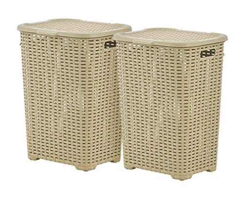 Wäschekorb aus Kunststoff mit Deckel, 2 Stück, Beige, hohe Tücher, Organizer mit ausgeschnittenen Griffen. Platzsparend für Waschküche, Schlafzimmer, Badezimmer, Weiden-Design, 60 Liter von Superio
