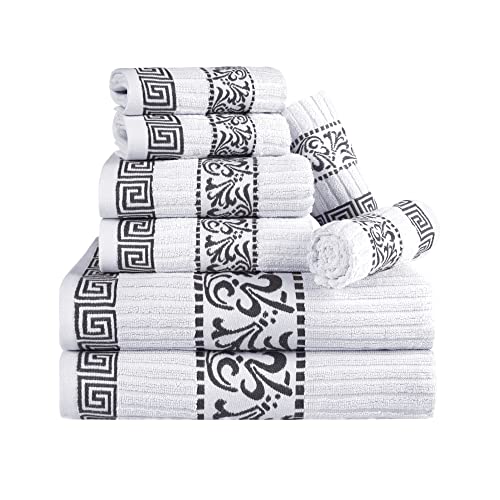 Superior 8-teiliges Baumwoll-Handtuch-Set, dekoratives griechisches Muster, Heimutensilien, saugfähige Handtücher, Dekor für Badezimmer, Spa, inklusive 2 Hand, 2 Gesicht und 4 Badetücher, Kollektion von Superior