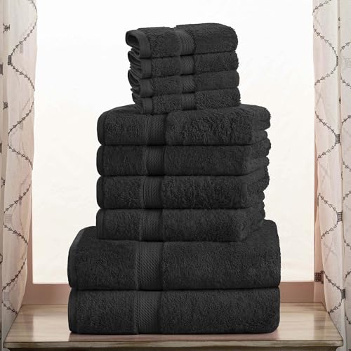 Superior 10-teiliges Handtuch-Set, ägyptische Baumwolle, 2 Badetücher, 4 Handtücher, 4 Gesichtstücher/Waschlappen, ultraweiche Handtücher, Dicker Plüsch, Gästebad, Spa, Hotelbad, Schwarz von Superior