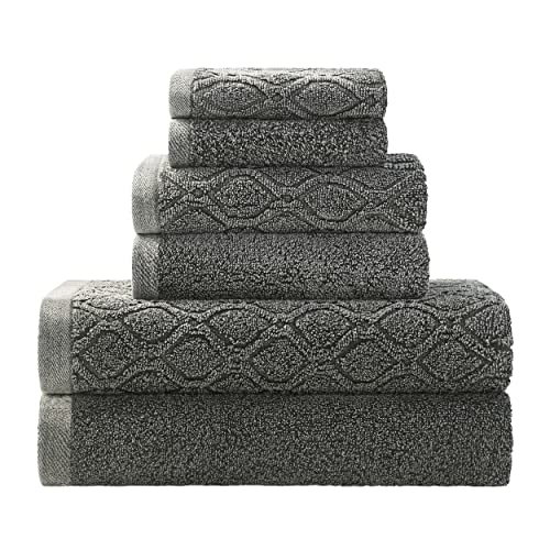 Superior Denim Wash Badetuch-Set, 100% Baumwolle, 550 g/m², 6-teilig, 2 Handtücher, ideal für Badezimmer, Küche oder Strand, schnell trocknend, Jacquard und solide, mittelschwer, Grau von Superior