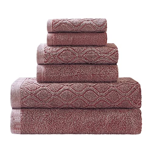 Superior Handtuch-Set aus 100% Baumwolle, Denim-Waschung, 6-teilig, Jacquard- und Solid, 2 Handtücher + 2 Badewannen, Rumba-Rot von Superior
