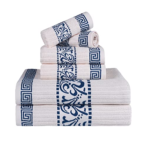 Superior 6-teiliges Handtuch-Set, griechisches Muster, saugfähig, Premium-Baumwolle, Dekoration für Badezimmer, Spa, inkl. 2 Hand, Athen-Kollektion, elfenbeinfarben-Marineblau von Superior