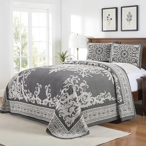 Superior Bettüberwurf-Set, Baumwoll-/Polyester-Mischung, Jacquard-Gewebe, Medaillon, strukturiert, 3-teilig, Kingsize, Anthrazit von Superior