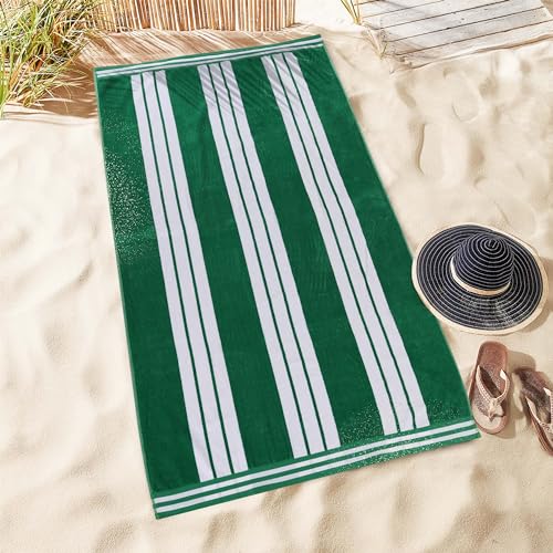 Superior Collection Combed Cotton Luxurious Jacquard Beach Towels, Dark Green Cabana Stripe, Oversized von Superior