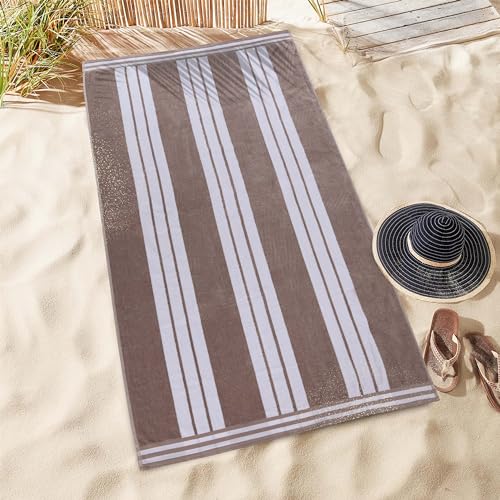 Superior Collection Combed Cotton Luxurious Jacquard Beach Towels, Taupe Cabana Stripe, Oversized von Superior