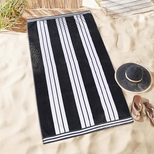 Superior 100% Cotton Luxury Beach Towels - Oversized Beach Towel, Swim Towel, Cabana Stripes, 34" x 64", Charcoal von Superior