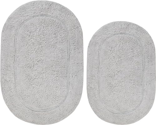 Superior Rutschfestes, 2-teiliges Badteppich-Set, ultraplüschig, weich und saugfähig, 100% gekämmter Baumwollflor – traditionelles ovales Badematten-Set, Silber von Superior