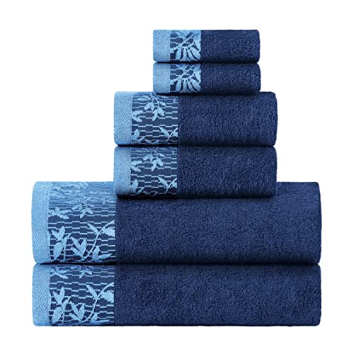 Superior Embroidered Towel Collection, Floral and Geometric Assorted 6-teiliges Baumwoll-Handtuch-Set, 76,2 x 137,2 cm, 40,6 x 76,2 cm, 33 x 33 cm, Marineblau von Superior