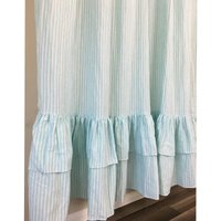 Grün-Weiß Gestreifter Duschvorhang Mit Zwei Abgestuften Rüschen, Leinen von SuperiorCustomLinens