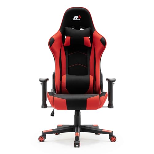 Superkancl Stoff-Gaming Stuhl SRACER R6, Gaming Stuhl bis 130 kg, Racing Stuhl mit Kopfstütze, mit Lendenwirbelstütze, mit 2D-Armlehnen, schwarz-rot von Superkancl