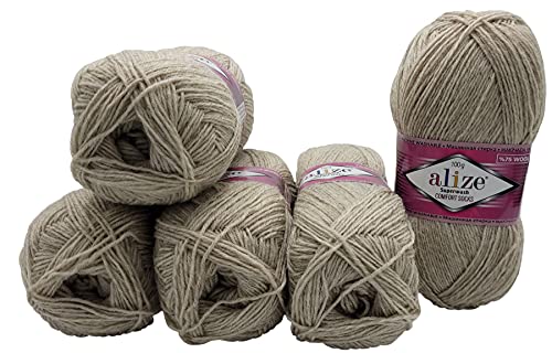 5 x 100 Gramm Sockenwolle mehrfarbig, 75% Schurwolle, 500 Gramm Wolle für Stricksocken und Strümpfe (natur 152) von Superwash