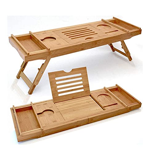 2 in 1 Bambus Badewannenablage Ausziehbar Badewannentablett, SPA Experience Wannenablage, Integrierter Buch und Regalhalter Weinglashalter, Stabile Badewannenbrett - Klappbare Tischbeine(Natur 2 in 1) von Supfine