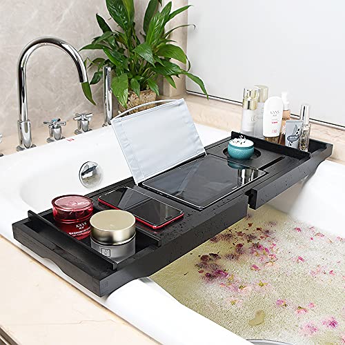 Bambus Badewannenablage Ausziehbar Badewannentablett, SPA Experience Wannenablage, Integrierter Buch und Regalhalter Weinglashalter, Stabile Badewannenbrett (Schwarz) von Supfine