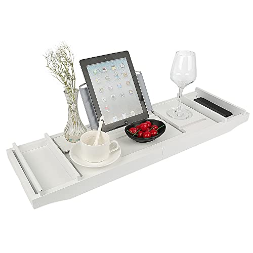 Bambus Badewannenablage Ausziehbar Badewannentablett, SPA Experience Wannenablage, Integrierter Buch und Regalhalter Weinglashalter, Stabile Badewannenbrett (Weiß) von Supfine