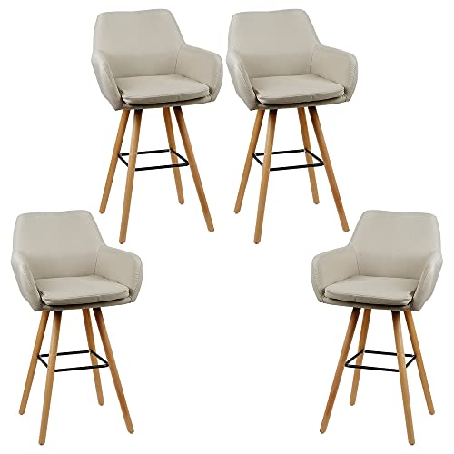 Barhocker, skandinavisches Design, 4 Stück, hohe Sitzfläche, gepolsterte Rückenlehne, Fußstütze und Armlehnen, Massivholz, Leinen (4, Beige) von Supfine