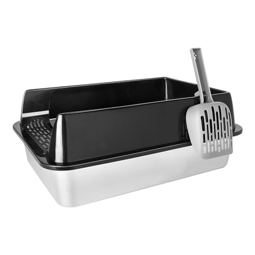 Katzenklo Edelstahl XL, Große Kapazität Katzentoilette Edelstahl mit hohem Rand, Geruchsresistent Katzenklo Groß mit Katzenstreuschaufel und Anti-Rutsch Matte (Schwarz, 50x35x24cm, XL) von Supfine
