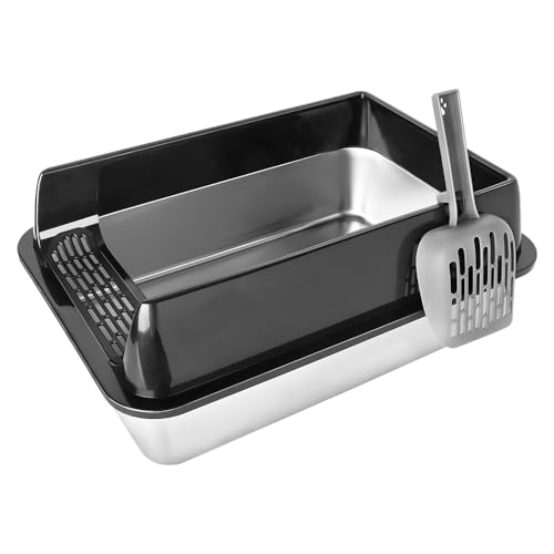 Katzenklo Edelstahl XXL, Große Kapazität Katzentoilette Edelstahl mit hohem Rand, Geruchsresistent Katzenklo Groß mit Katzenstreuschaufel und Anti-Rutsch Matte (Schwarz, 60x40x30cm, XXL) von Supfine