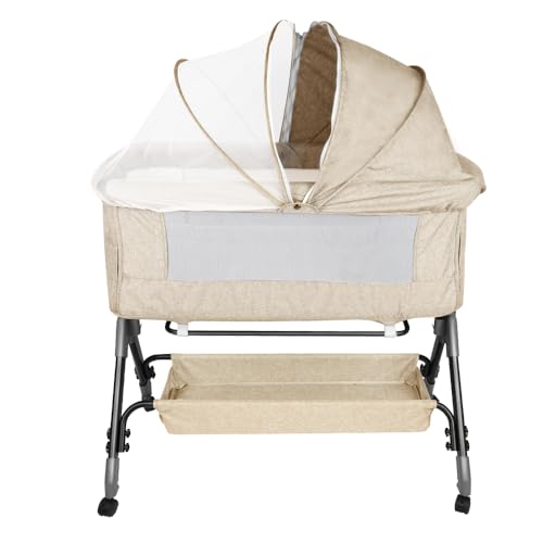 Supfine Cododo 3-in-1 Kinderbett Cododo mit Matratze und Moskitonetz, Höhenverstellung, Mobile Babywiege für Neugeborene/Säugling, Cododo-Bett mit Aufbewahrungskorb (Beige, 104 * 52 * 100-110cm) von Supfine