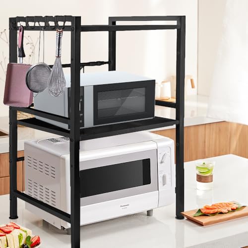 Supfine Mikrowellenregal (3-Stufig) - Extrem Standfest I rutschfeste Füße I Höhen & längenverstellbares Mikrowellen Regal 40-64cm Erweiterbares Mikrowellenhalterung mit 6 Haken (Schwarz, 3-Stufig) von Supfine
