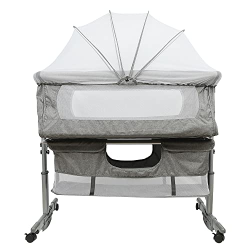 Zustellbett 3in1 Baby Beistellbett Reisebett Babybett mit weich Matratze, mit Rollen Kinderbett, Höhenverstellbar, Stubenwagen Babybett Tragbares mit Aufbewahrungskorb (92*58*70-90cm, Dunkelgrau) von Supfine