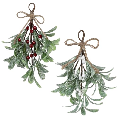 Artificial Mistletoe Floral Stems Christmas Decoration | Christmas Mistletoe Ornaments with Berries and Bow,Festive Mistletoe Garland,Frosted Artificial Mistletoe,Hanging Christmas Tree Ornaments von Suphyee