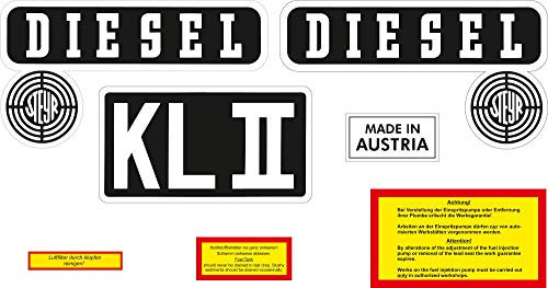 Suplimentar Steyr Diesel Aufkleber Set 3 mit Steyr-Diesel-L/R, KL2, Made In Austria, Luftfilter, Kraftstoffbehälter und Achtung von Suplimentar