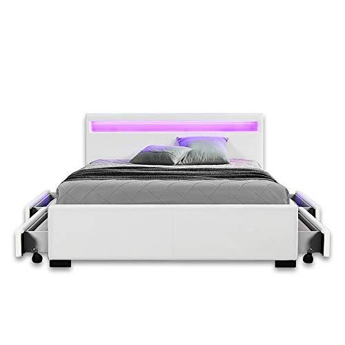 LED Leder Bett Amsterdam WEISS modernes Bett mit LED-Beleuchtung + inklusive Lattenrahmen / Lattenrost + mit praktischer Bettkasten / Schubladen Stauraum Polsterbett Jugendbett günstig (140x200 cm) von Supply24 since 2004