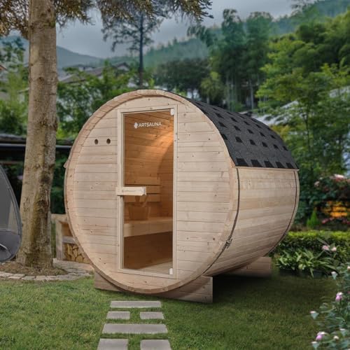 Luxus Outdoor Holz Fasssauna Saunafass Größe L 180x191 cm mit 6 KW Saunaofen für 4 Personen KOMPLETT Set mit Sauna Ofen Zubehör LED massiv Fichte von Supply24 since 2004