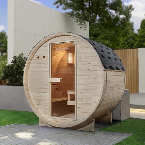 Luxus Outdoor Holz Fasssauna Saunafass Größe M 120x191 cm mit 3,6 KW Saunaofen für 2 Personen KOMPLETT Set mit Sauna Ofen Zubehör LED massiv Fichte von Supply24 since 2004