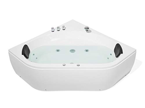 Supply24 since 2004 Whirlpool Badewanne Malta weiß– 140x140 cm – Eckmontage links oder rechts – 12 Massagedüsen, LED Farblicht, XXL-Kopfstützen & Armaturen – Spa Whirlpool für 2 Personen – Indoor von Supply24 since 2004