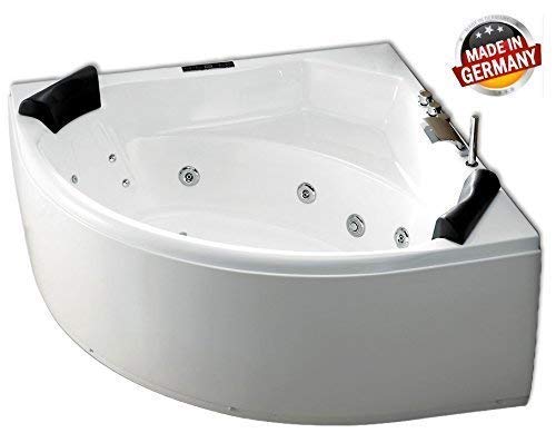 Whirlpool Badewanne Karibik Profi MADE IN GERMANY 155 x 155 cm mit 25 Massage Düsen + LED Unterwasser Beleuchtung + Heizung + Ozon Desinfektion + MIT Messing Armaturen verchromt Spa rund Eckbadewanne von Supply24 since 2004