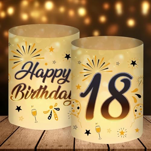 12 Windlicht Tischdeko 18 Geburtstag, Deko 18. Geburtstag Junge Mädchen, Geburtstagsdeko 18, 18ter Geburtstag, 18 Jahre Happy Birthday Tischdeko Schwarz Gold, Geeignet für Teelichter oder Kerzen von SupreLuck