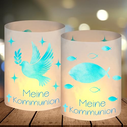 12 Windlicht Tischdeko Kommunion, Kommunion Deko Junge Mädchen, Erstkommunion Deko, Meine Kommunion Deko Blau, Kommunion Gastgeschenke，Geeignet für Teelichter oder Kerzen von SupreLuck