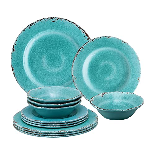 Gourmet Art 12teiliges CrackleGeschirrSet, schweres und langlebiges Melamin, Türkis, Service für 4 Personen, inklusive Speiseteller, Salatteller und Schüsseln, für drinnen und draußen und für den von Supreme Housewares