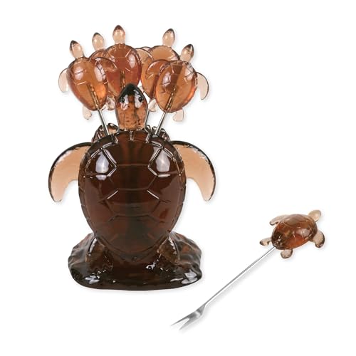 Supreme Housewares Sea Turtle Cocktail-Picker-Set mit Halter, wiederverwendbare Vorspeisen-Gabeln für Käse, Obst, Snacks, Party oder Bar, Polyresin-Halter und 6er-Pack Edelstahl-Plektren von Supreme Housewares