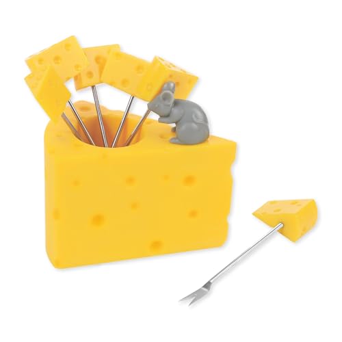 Supreme Housewares Swiss Cheese Cocktail Picks Set mit Halter, wiederverwendbare Vorspeisen-Gabeln für Käse, Obst, Snacks, Party oder Bar, Polyresin-Halter und 6 Stück Edelstahl-Plektren von Supreme Housewares