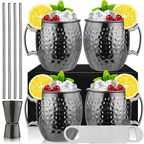 Moscow Mule Mugs 4er Set Black Moscow Mule Mug 530ml Gunmetal Black Plated Stainless Steel Mug Double Jigger Chilled Cold Drink Cocktail Cups Drinkware with Gift Box von SuproBarware
