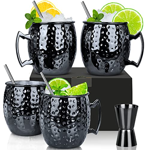 Moscow Mule Becher, Set 4er, Gunmetal schwarz 550ml, Moscow Mule Mug mit 4 Becher, 4 Trinkhalme, 1 Messbecher für Kaltes Getränk, Bier, Gin, Vodka, Cocktails und Wasser Genießen von SuproBarware