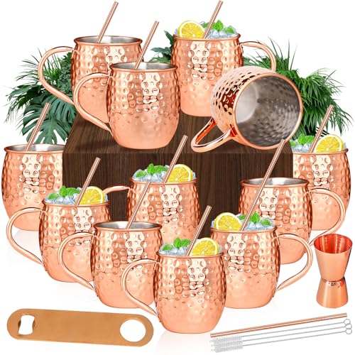 Moscow Mule Kupferbecher, Moscow Mule Tassen-Set, 540 ml, Set mit 12 Stück, mit Griff, große Kupfer-gehämmerte Beschichtung, Becher mit 14 ml Doppel-Messbecher, Edelstahl-Trinkhalme, Löffel für kalte von SuproBarware