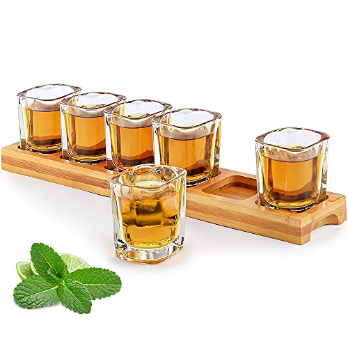 Schnapsgläser-Set 6cl Halter und Schnapsglasbecher 60ml Set mit 6 Getränke-Servierbrett-Organizern mit durchsichtigem Glas Gläser für Likör-Shots Whisky Brandy Wodka Rum Zuhause Party Bar Geschenk von SuproBarware