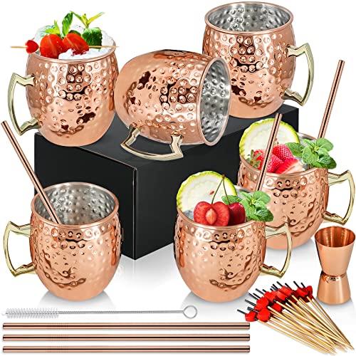 SuproBarware [Geschenk-Set] Moscow Mule Tassen Kupfer 540 ml Set mit 6 verkupferten Edelstahlbechern Handgefertigte Kupferbecher mit Griff für gekühlte Cocktail-Kaltgetränke Tassen von SuproBarware
