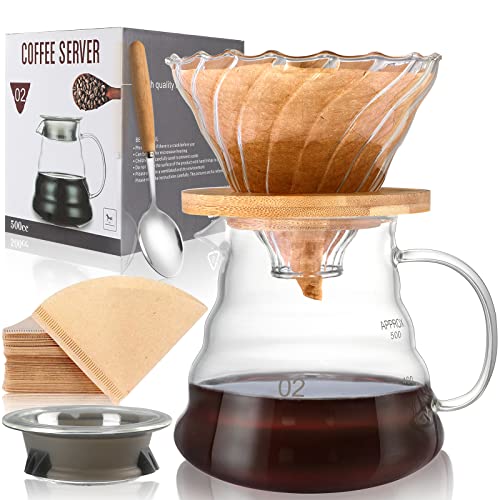 SuproBarware Kaffeebereiter-Set, manueller Glas-Kaffeefilter mit Tropfer, Glas-Kaffeefilter, Kegel und 500 ml Kaffeekanne mit Griff, Glas-Kaffee mit Kaffeelöffel und 40 Papierfilter von SuproBarware