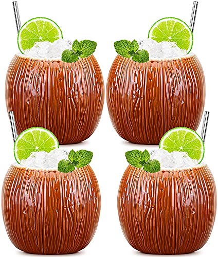 SuproBarware Tiki-Becher 530ml - 4er-Set Keramik Kokosnuss-Becher Cocktailgläser Tiki Bar Zubehör - Partydekoration Cocktailbecher Bechergläser von SuproBarware