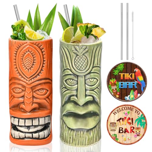 SuproBarware Tiki Mugs Set Hawaiian Party Ceramic Cocktail Mugs Set of 2 Cups for Exotic Party von SuproBarware