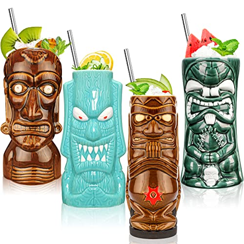 SuproBarware Tiki-Tassen-Set, Geschenke für Männer, Hawaii-Party-Becher aus Keramik, für Cocktails, hochwertiges Tassen-Set mit 4 Tassen für exotische Party Geschenk von SuproBarware
