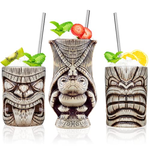 Tiki Becher Set Tiki Cocktail Gläser, Set Mit 3 Keramik-Tassen für Exotische Party,Tiki Bar von SuproBarware