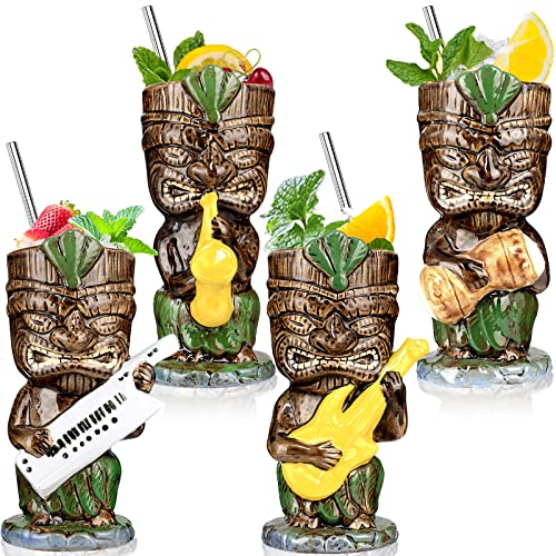 Tiki Gläser Becher für Cocktails Tiki Becher Set mit 4 Keramik-Partybechern Musikband Orchestra cooler Stil Tiki Glas Bar Dekor Vintage Hawaii Gläser Trinkdekorationen tropisches Trinkgeschirr von SuproBarware