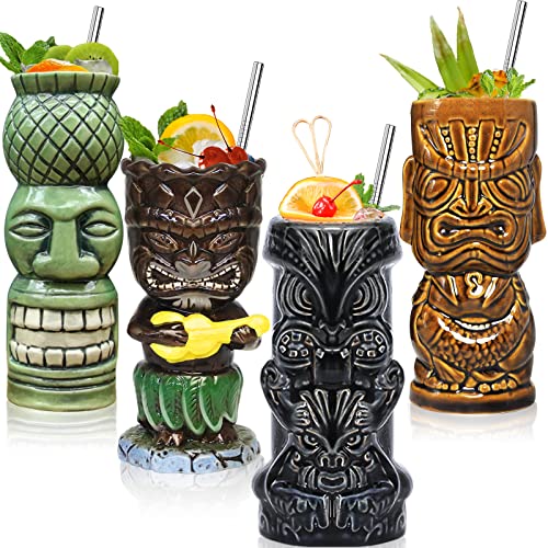 Tiki-Gläser für Cocktails, Tiki-Tassen, 4 Stück, Keramik, Tiki-Partybecher, Bar-Dekoration, kreatives Tiki-Tassen-Set mit großen Hawaii-Gläsern, Tiki-Trinkbar-Dekorationen, Barware, 4 Packungen von SuproBarware