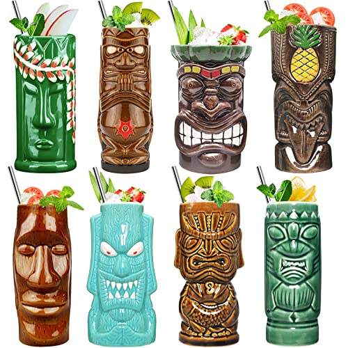 Tiki Mugs Set von 8 - tiki gläser Keramik Hawaii Party Becher Trinkgeschirr Tiki Bar Becher für Cocktails Premium Tropische Tassen Getränke Tiki-Tassen-Set für exotische Party von SuproBarware